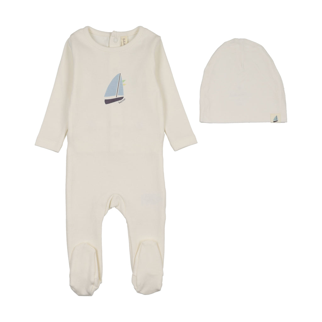 Lilette Nautical Graphic Footie And Hat Set - Cream