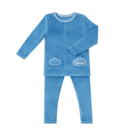 Little Label Blue Velour Cloud Pocket Pajamas