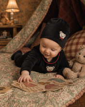 Load image into Gallery viewer, Little Label Velour Teddy Footie And Hat - Black/Red Piping