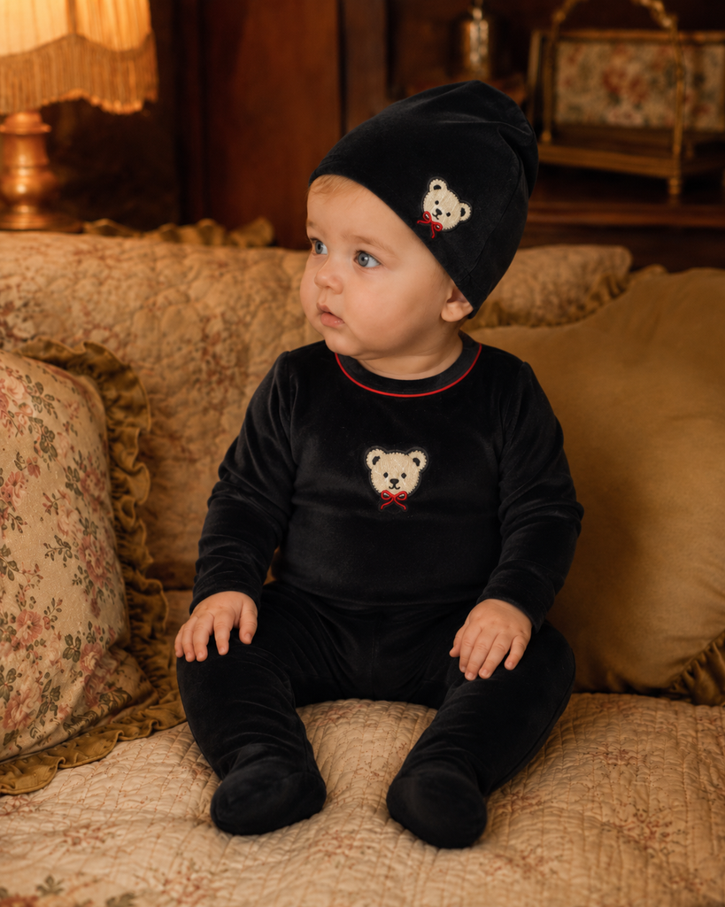 Little Label Velour Teddy Footie And Hat - Black/Red Piping