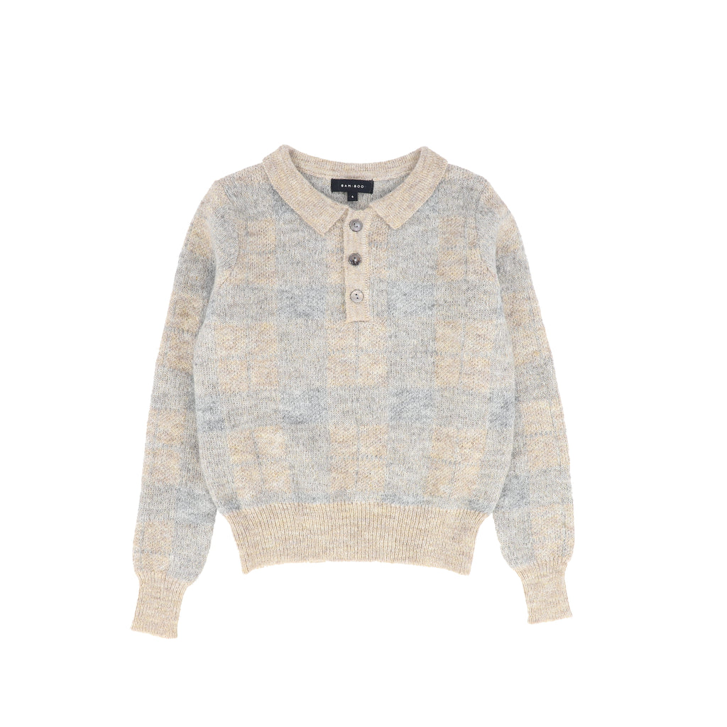 Bamboo Plaid Knit Collar Sweater - Light Grey