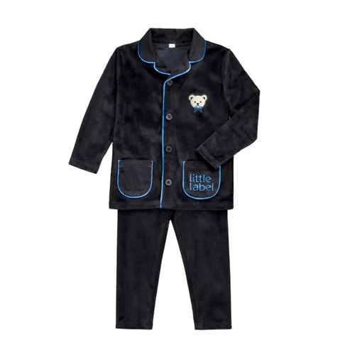 Little Label Velour Teddy Grandpa Pajamas - Black/Blue Piping
