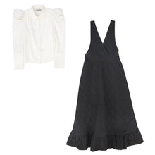 Load image into Gallery viewer, Valentina Quilted Taffeta V-Neck Jumper And Pointed Shoulder Puff Blouse Set - Black