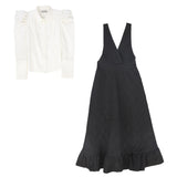 Valentina Quilted Taffeta V-Neck Jumper And Pointed Shoulder Puff Blouse Set - Black