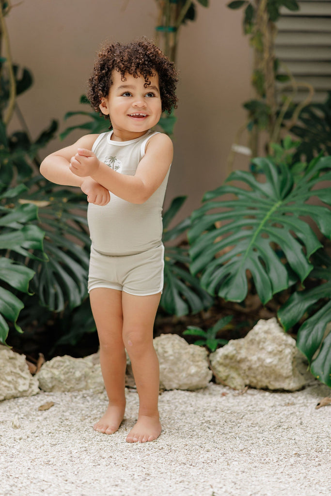 Ely's & Co Ribbed Printed Palm Collection Terry Tank and Shorts - Sage