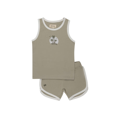 Ely's & Co Ribbed Printed Palm Collection Terry Tank and Shorts - Sage