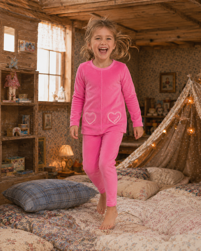 Little Label Hot Pink Velour Heart Pocket Pajamas