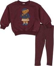 Load image into Gallery viewer, Lil Legs Girls Bear Sweatshirt Set - Washed Burgundy