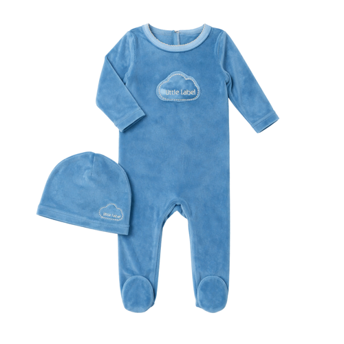 Little Label Blue Velour Cloud Footie And Hat