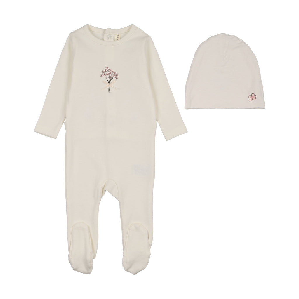 Lilette Bouquet Graphic Footie And Hat Set - Cream