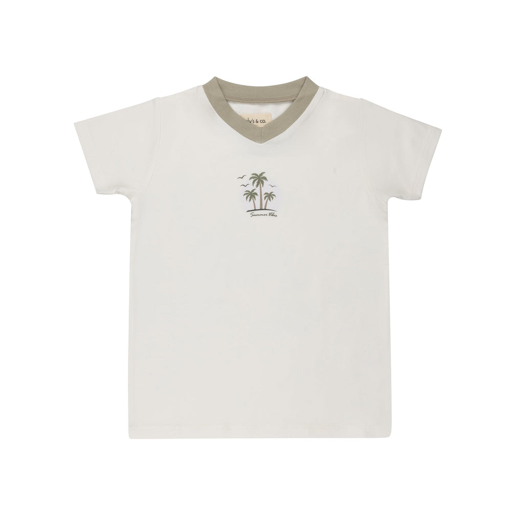 Ely's & Co Ribbed Printed Palm Collection French Terry V-neck Tee - Ivory