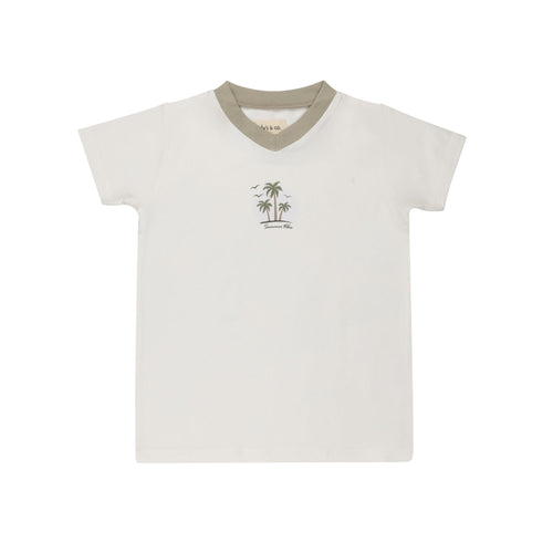Ely's & Co Ribbed Printed Palm Collection French Terry V-neck Tee - Ivory