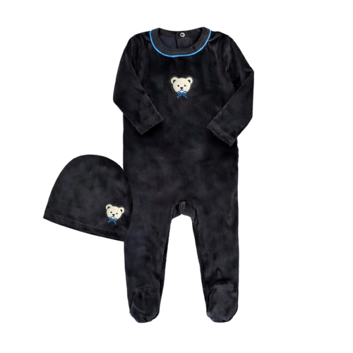Little Label Velour Teddy Footie And Hat - Black/Blue Piping