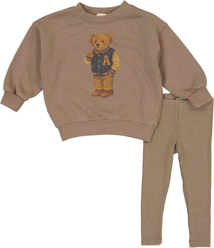 Lil Legs Varsity Bear Sweatshirt Set - Washed Brown