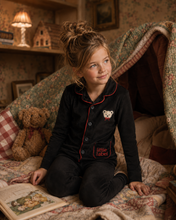 Load image into Gallery viewer, Little Label Velour Teddy Grandpa Pajamas - Black/Red Piping