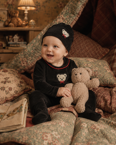Little Label Velour Teddy Footie And Hat - Black/Red Piping