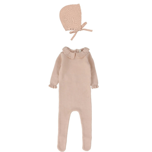 Lilette Knit Collar Ruffle Footie & Bonnet - Soft Pink