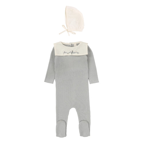 Lilette Knit Collar Footie & Bonnet - Soft Blue