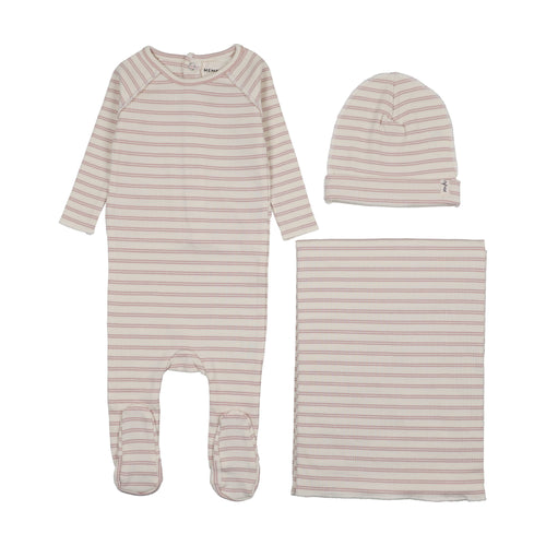 Mema Knits Rib Stripe Layette Set - Rose Pink Stripes