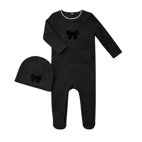Little Label Black Velvet Bow Robe Footie and Hat