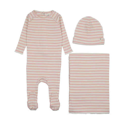 Mema Knits Rib Stripe Layette Set - Pale Pink Stripes
