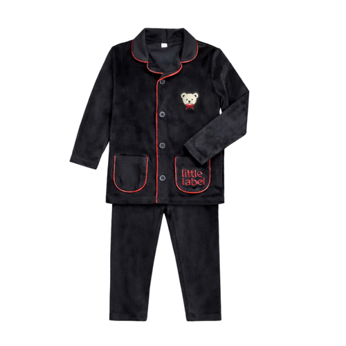 Little Label Velour Teddy Grandpa Pajamas - Black/Red Piping