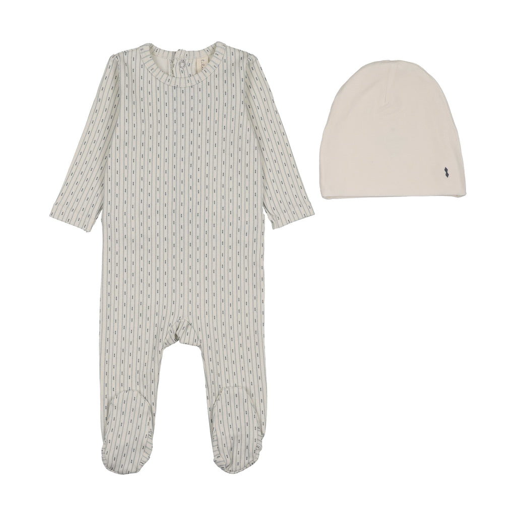 Lilette Gem Stripe Footie And Hat Set - Cream/Blue
