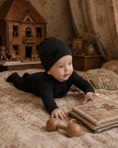 Little Label Black Velvet Crown Robe Footie and Hat