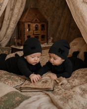 Load image into Gallery viewer, Little Label Black Velvet Bow Robe Footie and Hat
