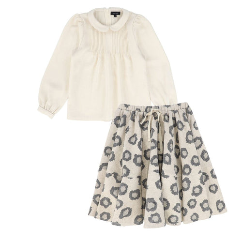 Bamboo Pleat Peter Pan Collar Blouse And Leopard Flare Skirt Set - Beige