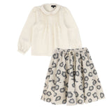 Bamboo Pleat Peter Pan Collar Blouse And Leopard Flare Skirt Set - Beige