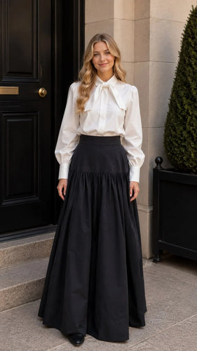 Little Tempest Teens Taffeta Tie Cropped Shirt And Pleated Circle Skirt Set - Cream/Black