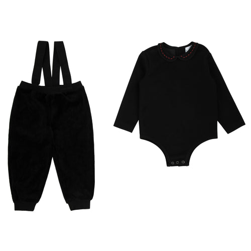 Mini Nod Velour Baby Overall With Model Collared Top - Black/White/Red
