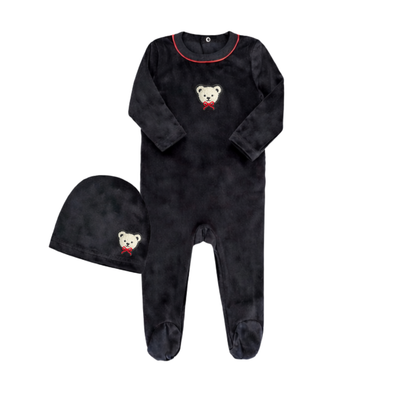Little Label Velour Teddy Footie And Hat - Black/Red Piping
