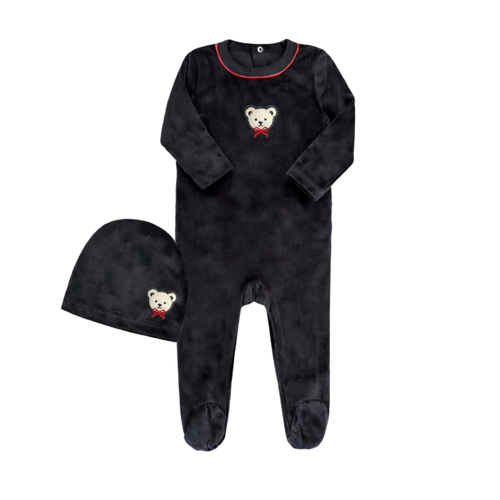 Little Label Velour Teddy Footie And Hat - Black/Red Piping