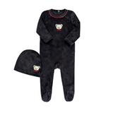 Little Label Velour Teddy Footie And Hat - Black/Red Piping
