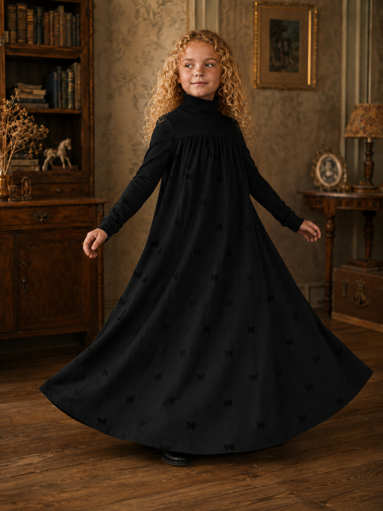Little Label Long Maxi All Over Bow Print Robe - Black