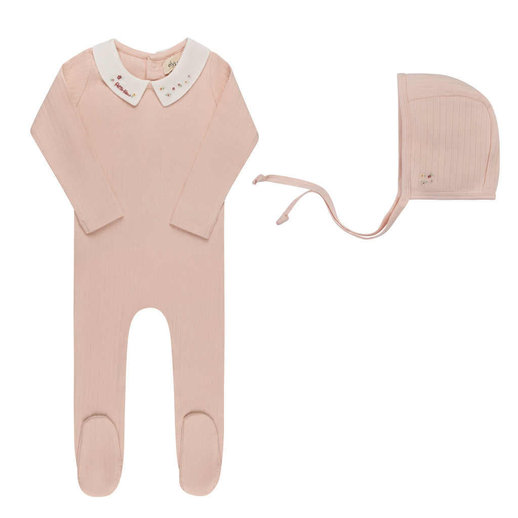 Ely's & Co Floral Star Embroidered Collar Collection Footie And Bonnet - Pink