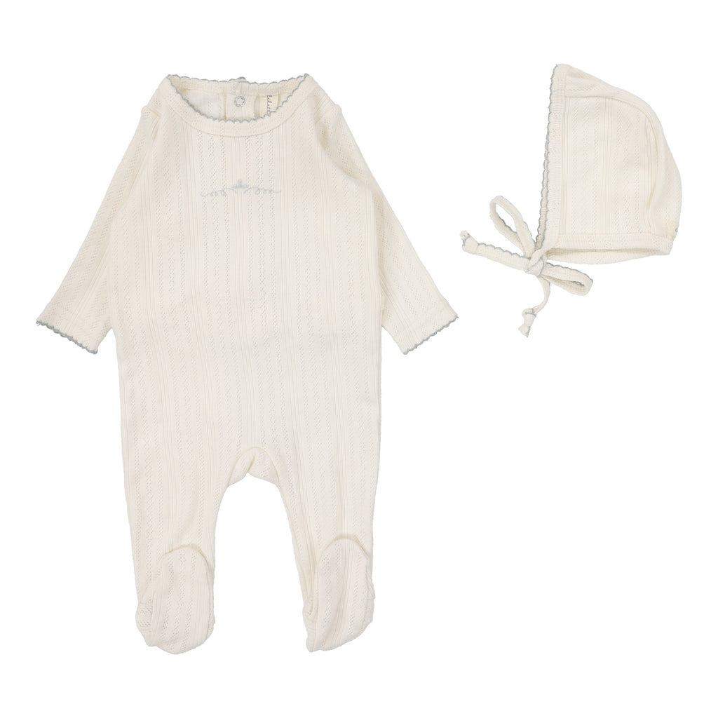 Lilette Pointelle Graphic Footie And Hat - Cream/Blue Crown