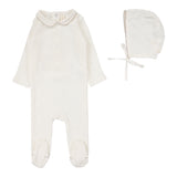 Lilette Edged Collar Footie & Bonnet - Winter White/Oat