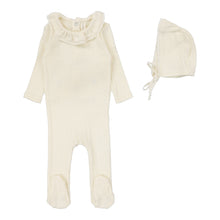Load image into Gallery viewer, Lilette Fine Pointelle Collar Footie And Bonnet - Cream Ruffle