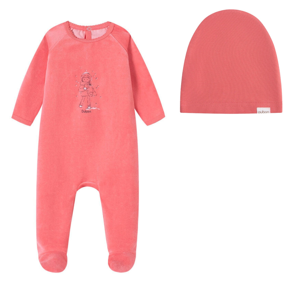 Oubon Girl In Snow Print Velour Footie And Hat - Pink