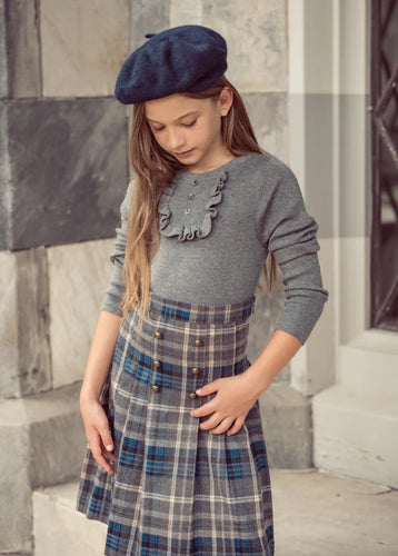 Coco Blanc Ruffle Bib Sweater And Pleated Plaid Skirt Set