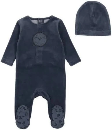 Bee & Dee Clock Velour Footie with Beanie - True Navy