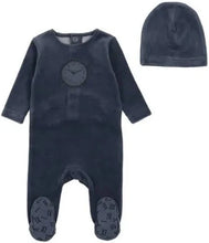 Load image into Gallery viewer, Bee &amp; Dee Clock Velour Footie with Beanie - True Navy