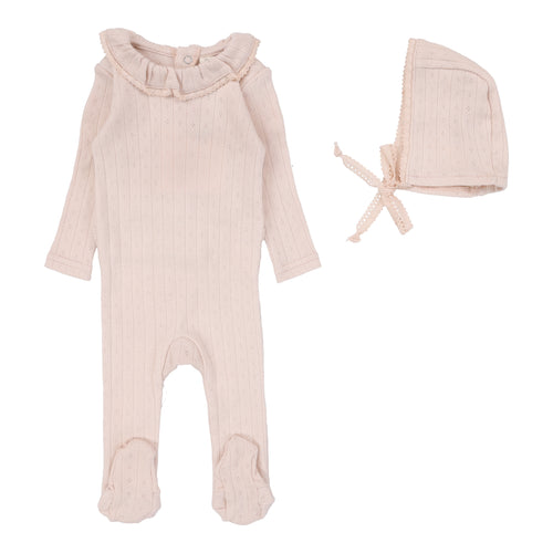 Lilette Fine Pointelle Collar Footie And Bonnet - Petal Ruffle