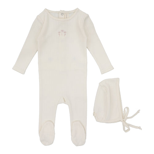 Lilette Pointelle Striped Footie & Beanie Set - Cream/Floral