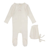 Lilette Striped Footie & Beanie Set - Cream/Floral