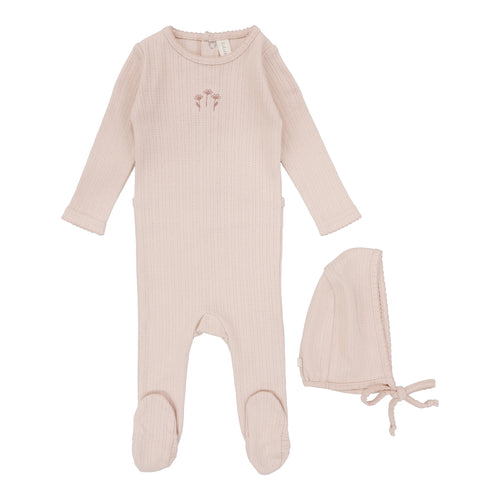 Lilette Striped  Pointelle Footie & Beanie Set - Peachy Pink