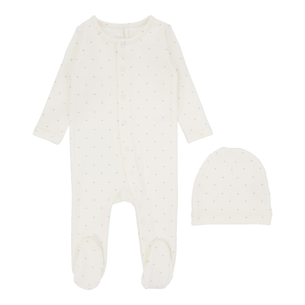 Lilette Tiny Heart Footie & Beanie Set - Cream